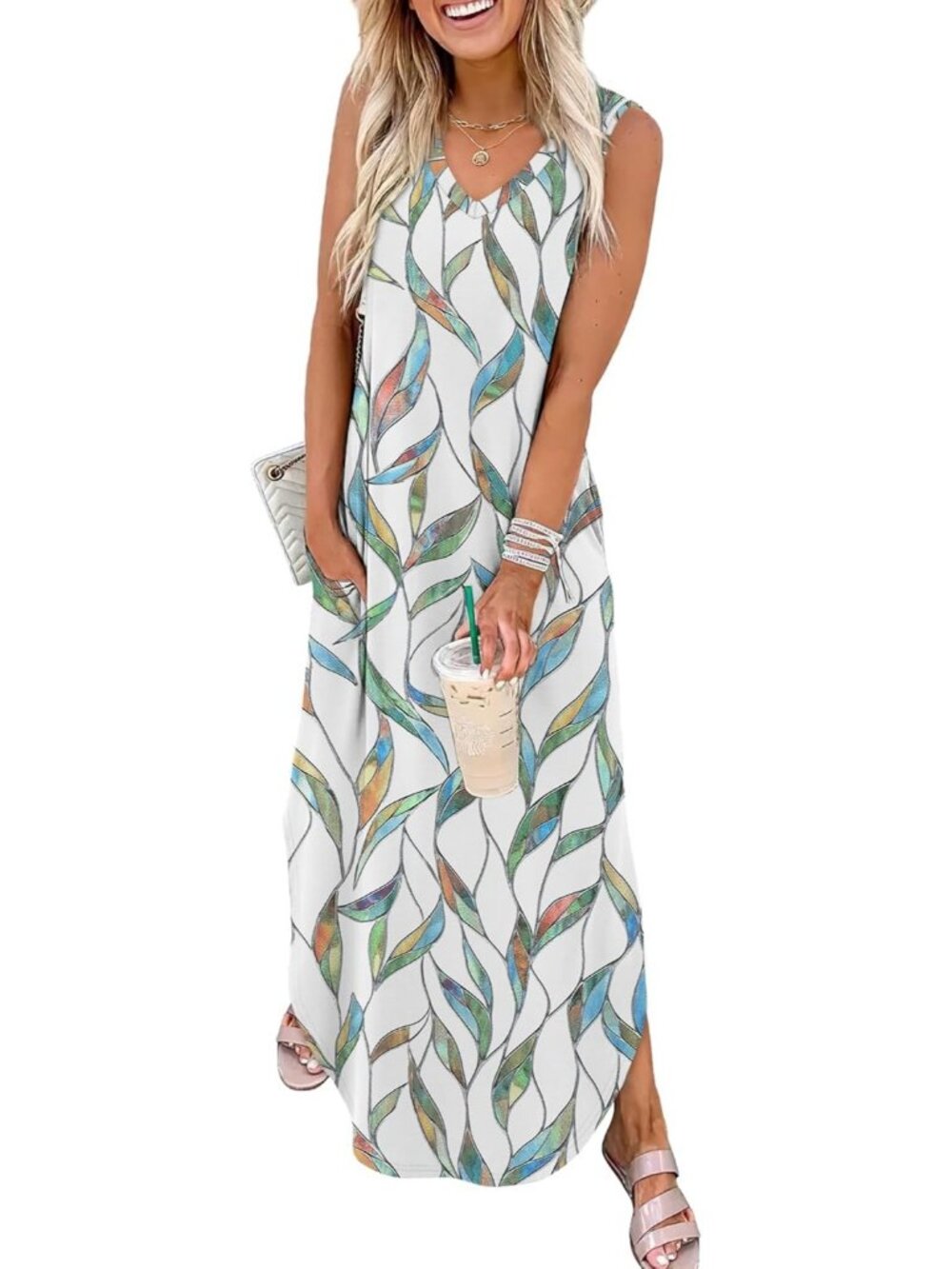 Women's Floral Green Leaf Summer Maxi Dress Beach Sundress with Pocket